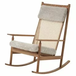 Warm Nordic Sedia A Dondolo Swing, Teak - Pelle Di Pecora Moonlight